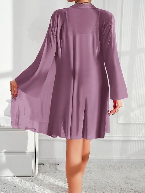 Fırfırlı Dantelli Tül Gecelik Sabahlık Takım Mor Pink Night 1537 - Mor