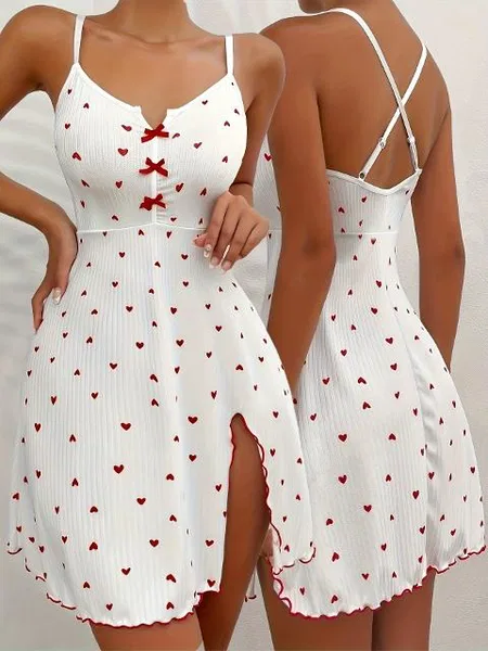 Fitilli Kumaş Yırtmaçlı Kalpli Kısa Gecelik Ruselin 5066