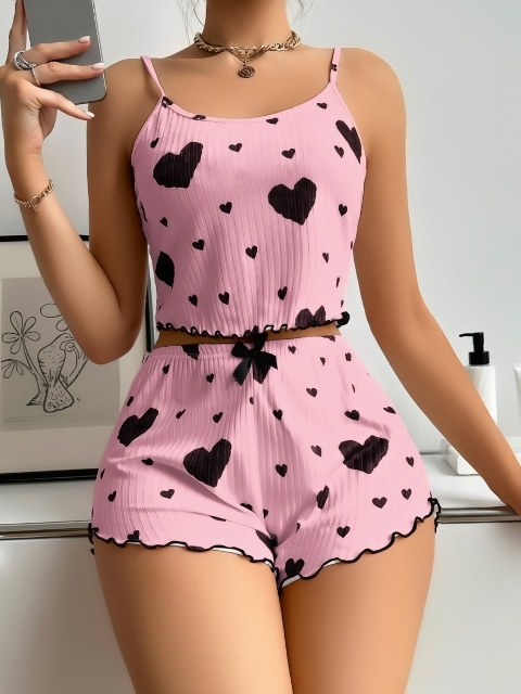 Fitilli Pembe Kalpli İnce Askılı Şort Pijama Takım Lily Bianca 13077 - Pembe