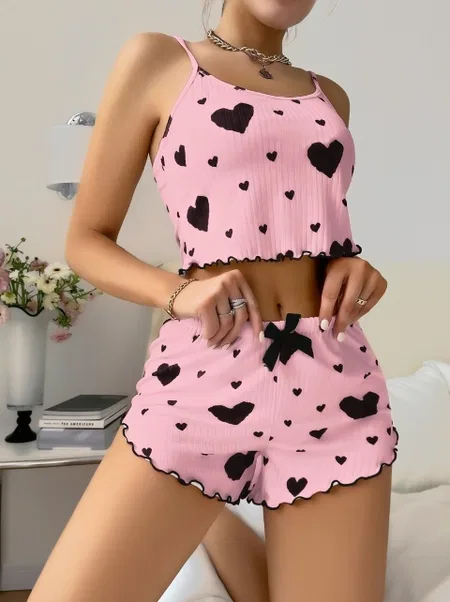 Fitilli Pembe Kalpli İnce Askılı Şort Pijama Takım Lily Bianca 13077 - Pembe