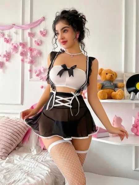 Fransız Dantel Detaylı Hizmetçi Kostüm Somon Lily Bianca 207