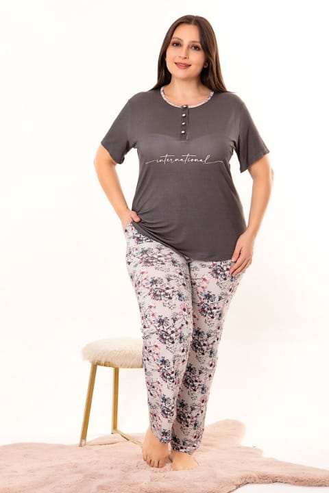 Lady Füme Çiçek Desenli Büyük Beden Kadın Pijama Takımı Lady 10961