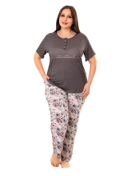 Lady Füme Çiçek Desenli Büyük Beden Kadın Pijama Takımı Lady 10961 - Görsel 3