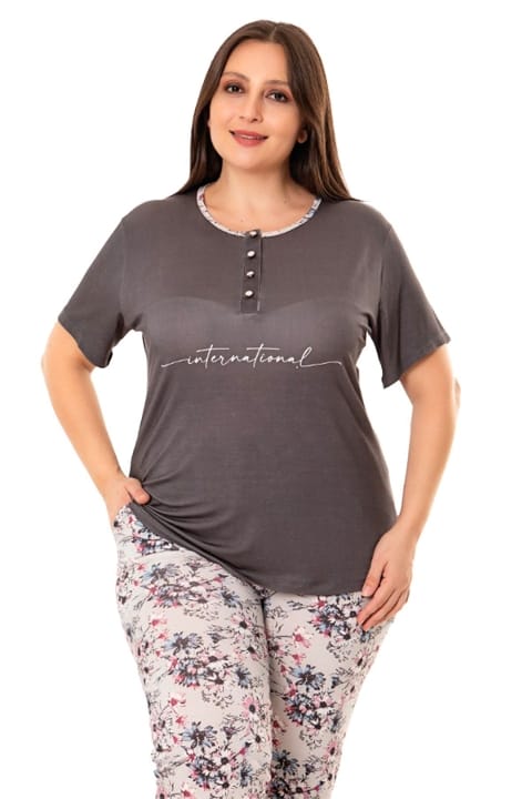 Lady Füme Çiçek Desenli Büyük Beden Kadın Pijama Takımı Lady 10961 - Görsel 4