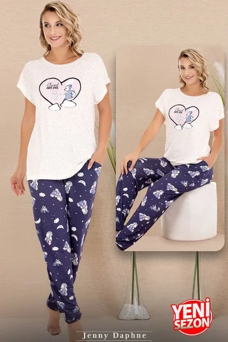 Desenli Kısa Kol T-Shirt Pijama Takımı Lady 12584 - Beyaz