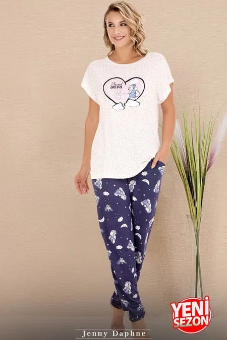 Desenli Kısa Kol T-Shirt Pijama Takımı Lady 12584 - Beyaz
