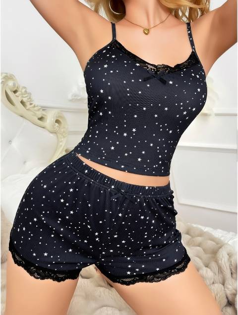 Pamuklu Gece Yıldızlı Şort Takım Siyah Lily Bianca 13079