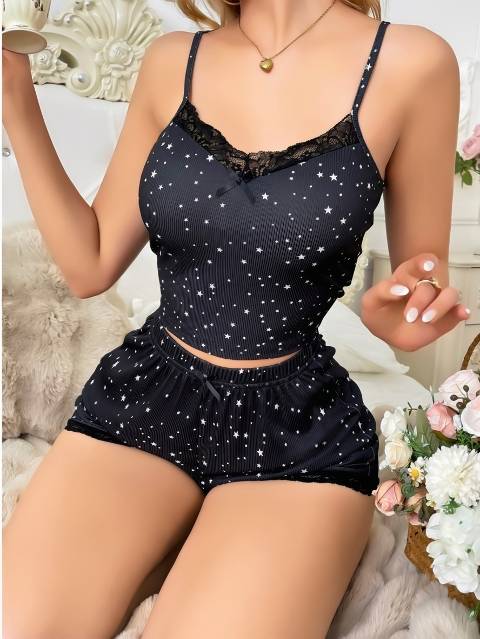 Pamuklu Gece Yıldızlı Şort Takım Siyah Lily Bianca 13079 - Siyah