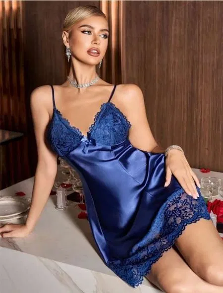 Geniş Dantelli İnce Askılı Saten Gecelik Real Passione 2122 - Mavi