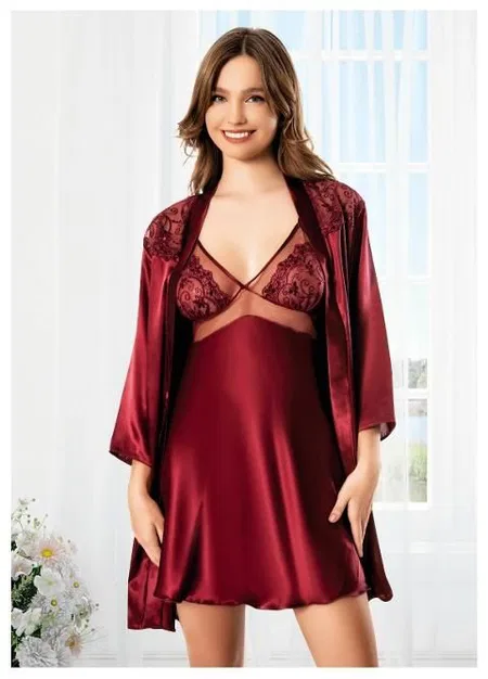 Dantelli Transparan Uzun Kollu Gecelik Takımı Miss Laris 5066 - Bordo