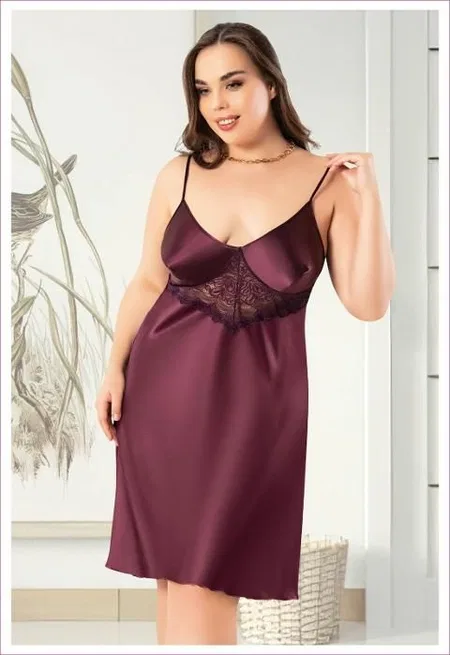 Dantelli İnce Askılı Büyük Beden Saten Gecelik Pembe Miss Laris 4043