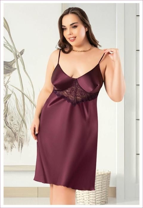 Dantelli İnce Askılı Büyük Beden Saten Gecelik Pembe Miss Laris 4043
