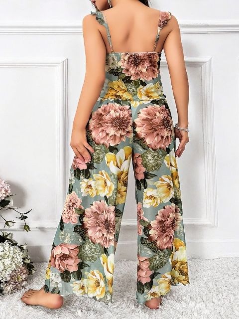 Çiçek Desenli İnce Askılı Pijama Takımı Pink Night 6953 - Yeşil