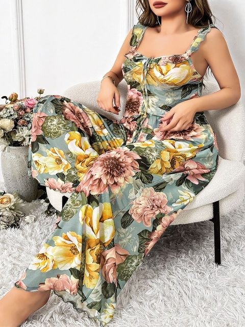 Çiçek Desenli İnce Askılı Pijama Takımı Pink Night 6953 - Yeşil