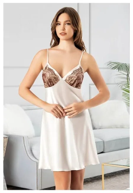 Göğüs Çiçek Desenli İnce Askılı Kısa Saten Gecelik Miss Laris 2134 - Krem