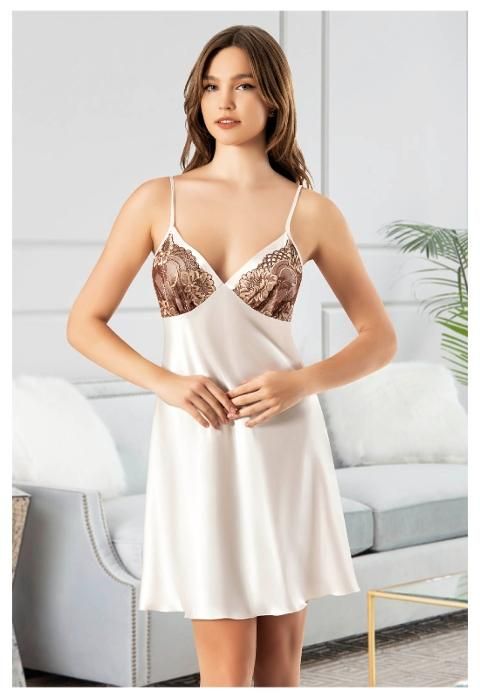 Göğüs Çiçek Desenli İnce Askılı Kısa Saten Gecelik Miss Laris 2134 - Krem