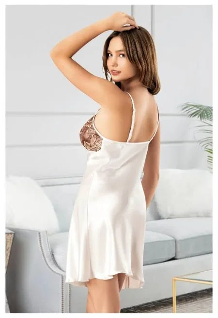Göğüs Çiçek Desenli İnce Askılı Kısa Saten Gecelik Miss Laris 2134 - Krem