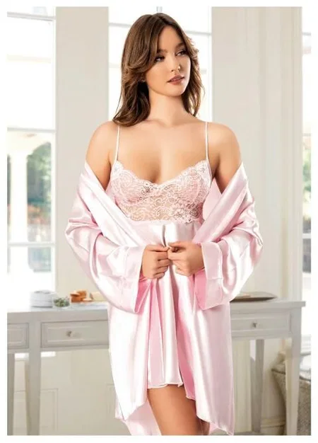 Göğüs Dantelli İnce Askılı Uzun Kollu Sabahlık Takımı Miss Laris 5057 - Pembe