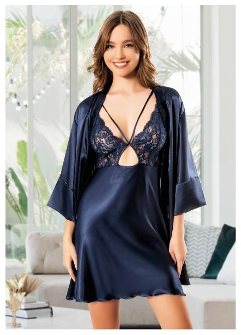 Göğüs Dekolteli İnce Askılı Gecelik Uzun Kollu Saten Sabahlık Takımı Miss Laris 5075 - Lacivert
