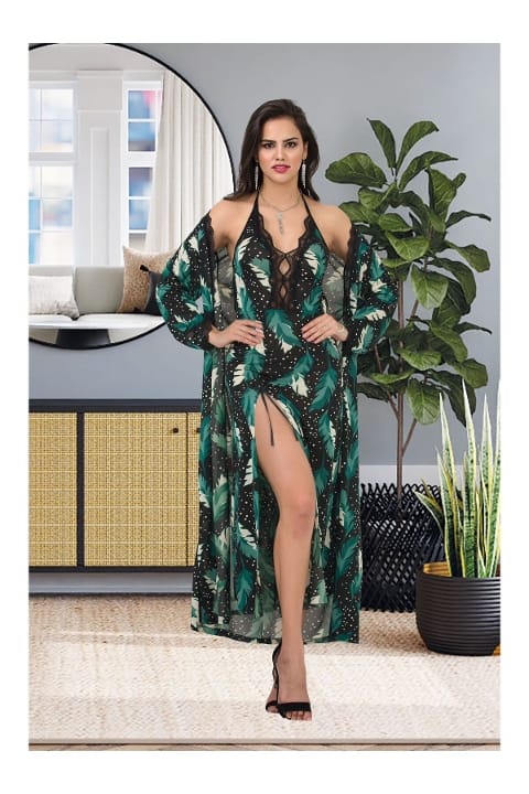İzabel Göğüs Dekolteli Yaprak Desenli Uzun Sabahlık Gecelik Takımı İzabel 6012