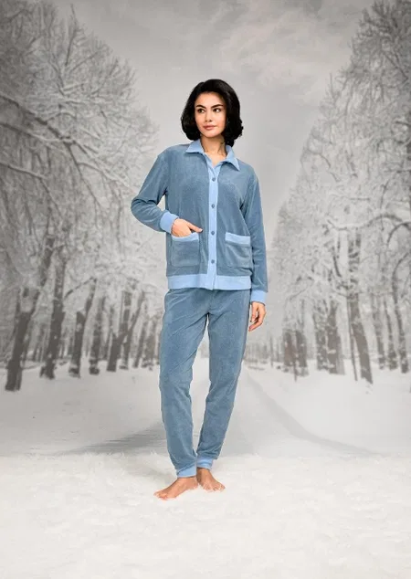 Gömlek Yaka Cepli Mavi Kadın Pijama Takımı Doreanse 26K4092