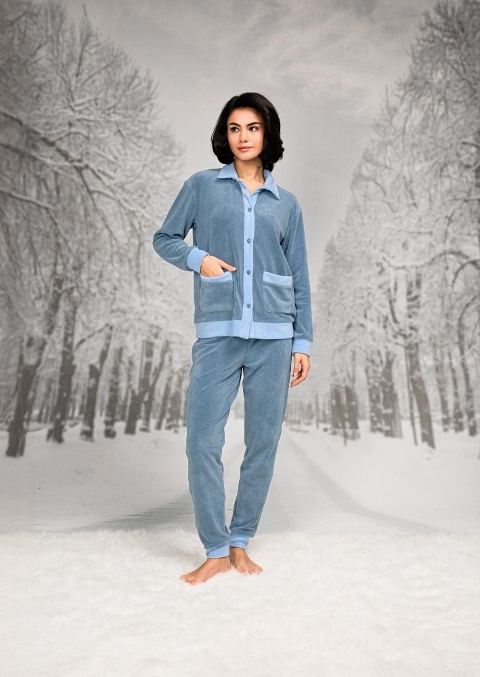 Gömlek Yaka Cepli Mavi Kadın Pijama Takımı Doreanse 26K4092 - Mavi