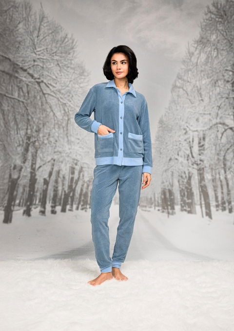 Gömlek Yaka Cepli Mavi Kadın Pijama Takımı Doreanse 26K4092