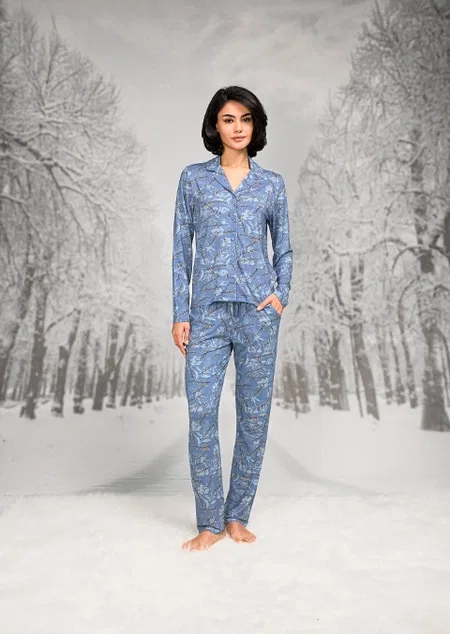 Gömlek Yaka Düğmeli Uzun Kollu Kadın Pijama Takım Sarı Doreanse 26K4106