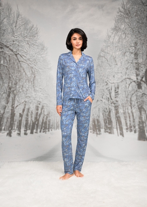 Gömlek Yaka Düğmeli Uzun Kollu Kadın Pijama Takım Sarı Doreanse 26K4106 - Mavi
