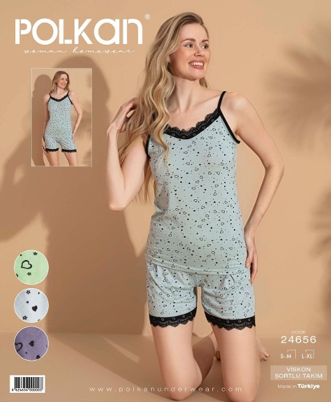 Gri Dantelli Viskon Şort Pijama Takım Polkan 24656 - Gri