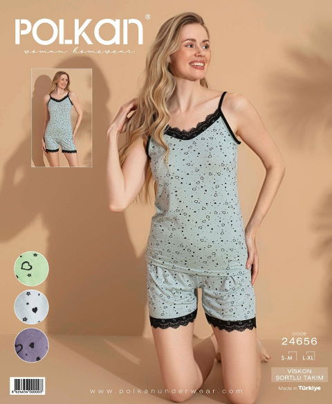 Gri Dantelli Viskon Şort Pijama Takım Polkan 24656