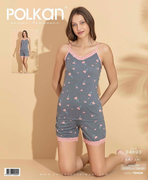 Gri Deseli Askılı Viskon Şort Pijama Takım Polkan 24693