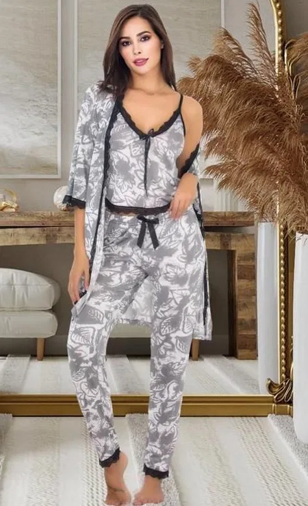 Gri Desenli Pamuklu Sabahlıklı Pijama Takımı İzabel 5010