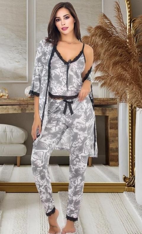 Gri Desenli Pamuklu Sabahlıklı Pijama Takımı İzabel 5010