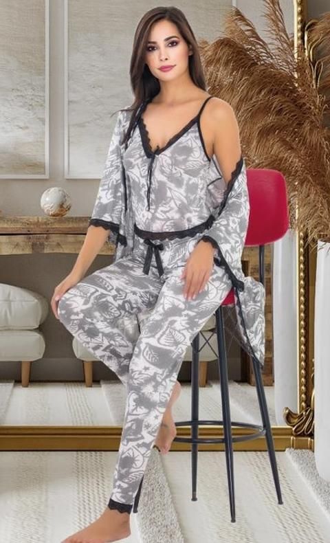 Gri Desenli Pamuklu Sabahlıklı Pijama Takımı İzabel 5010 - 2
