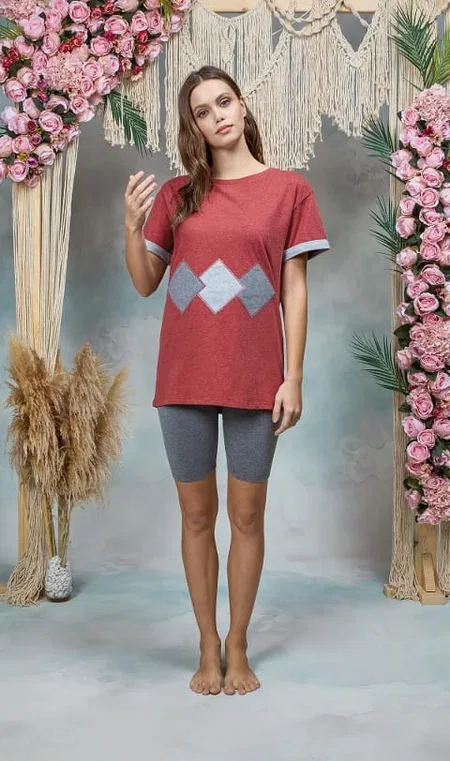 Pamuklu Gri Melanj Tayt Bordo T-Shirt Pijama Takımı Doreanse 25Y4076 - Gri
