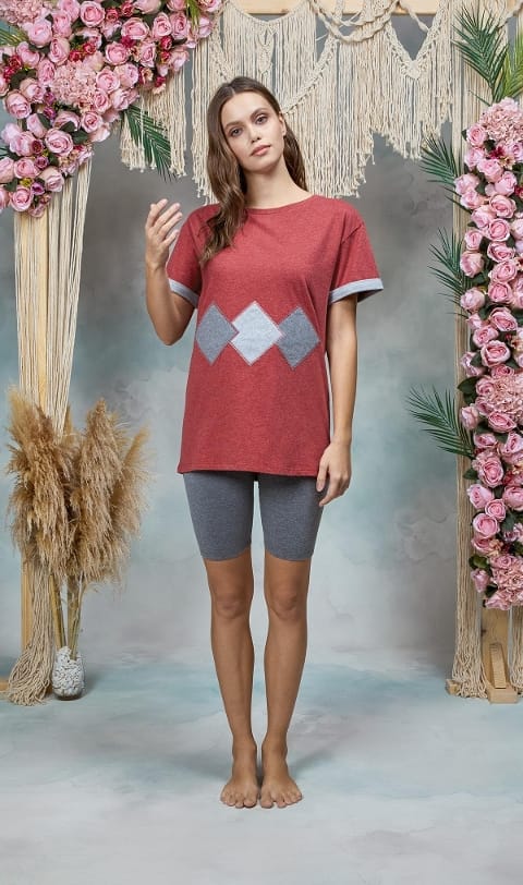 Pamuklu Gri Melanj Tayt Bordo T-Shirt Pijama Takımı Doreanse 25Y4076 - Gri