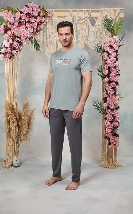 Uzun Kollu Pamuklu Gri Yazı Baskılı Pijama Takımı Doreanse 254574 - Gri