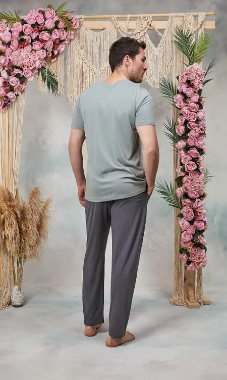 Uzun Kollu Pamuklu Gri Yazı Baskılı Pijama Takımı Doreanse 254574 - Gri