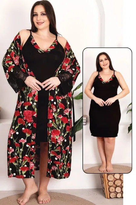 Gül Desen Viskon Kadın Pijama Takımı Lady 19224 - Siyah