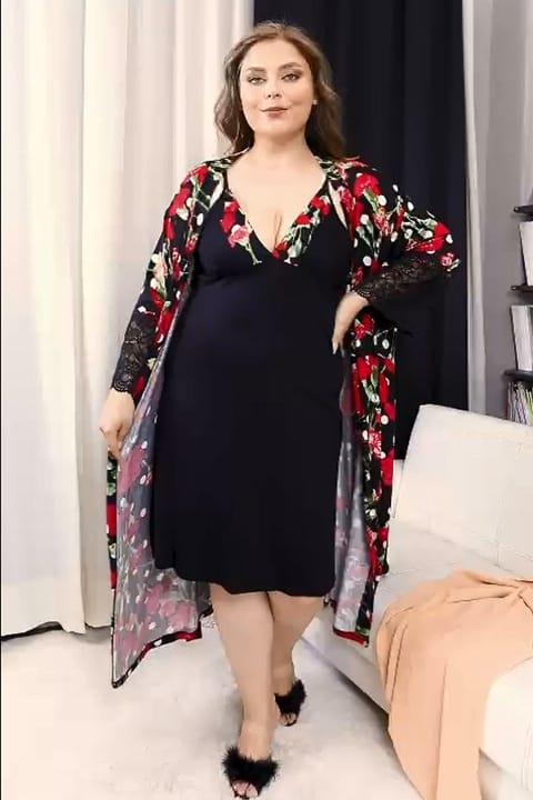 Gül Desen Viskon Kadın Pijama Takımı Lady 19224 - Siyah