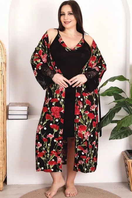 Gül Desen Viskon Kadın Pijama Takımı Lady 19224 - Siyah