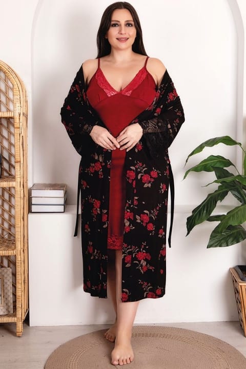 Gül Desenli Şortlu Gecelik Sabahlık Takımı Lady 19226 - Kırmızı