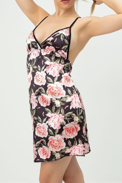 Gül Desenli Tek Parça Fantezi Body SHE 1368 - Siyah