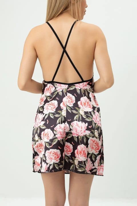 Gül Desenli Tek Parça Fantezi Body SHE 1368 - Siyah