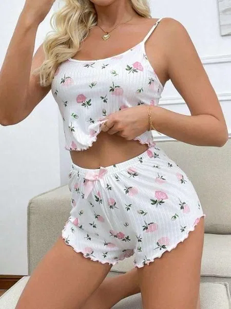 Gül Desenli İnce Askılı Kadın Pijama Takımı Real Passione 36 - Beyaz
