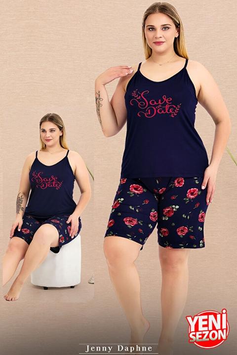 Ekru Gül Desenli İnce Askılı Şortlu Pijama Takımı Lady 10443