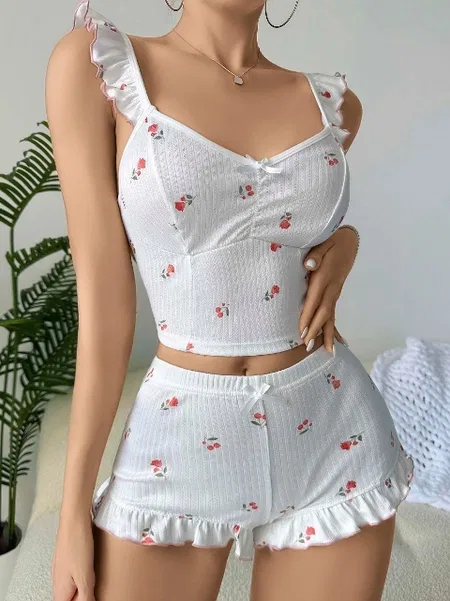 Gül Kiraz Desenli Şortlu Kadın Pijama Takımı Ruselin 5112 - 2