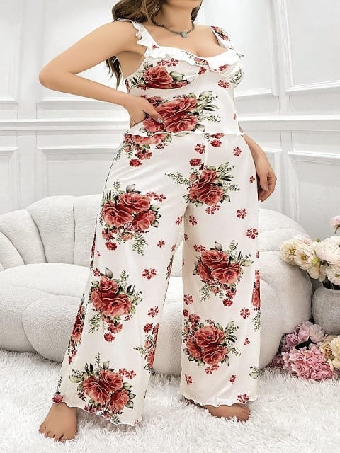 Güllü Çiçekli Desenli Büyük Beden Kadın Pijama Takımı Pink Night 6901