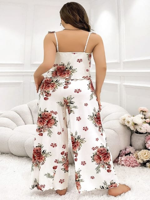 Güllü Çiçekli Desenli Büyük Beden Kadın Pijama Takımı Pink Night 6901 - 2